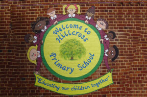 Hillcross Primary welcome sign
